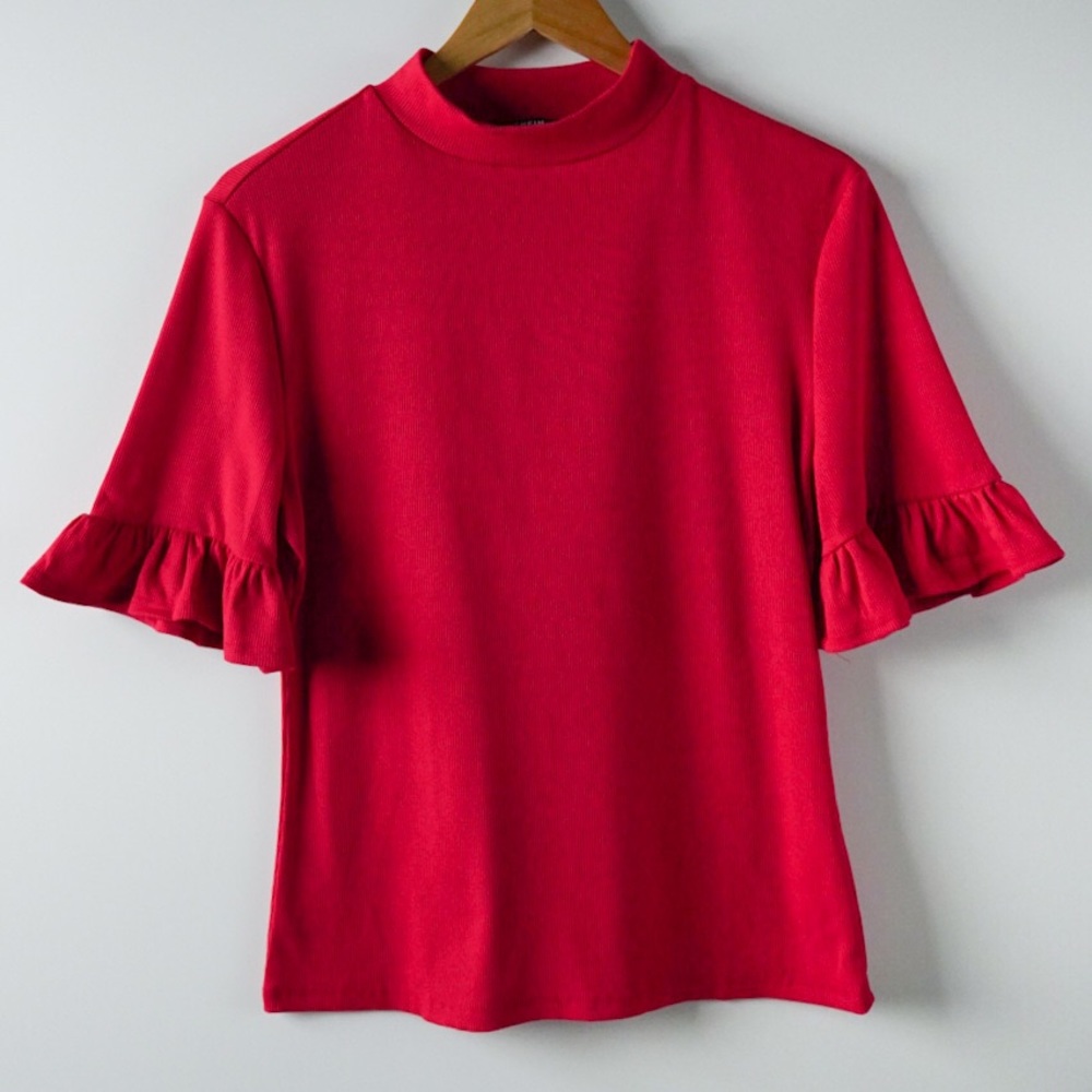 SHEIN Sassy Ribbed Mock Neck Short Ruffled Sleeves